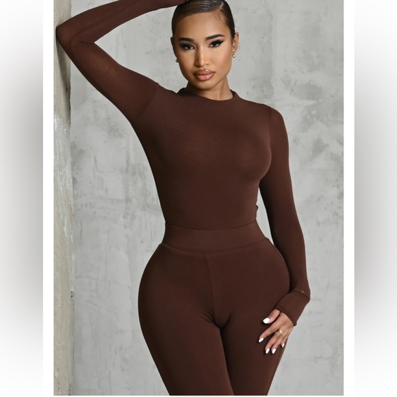 Matte Collection Tops - Chic Brown Long Sleeve Bodysuit and Legging set